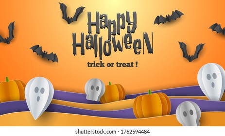 Happy Halloween banner greeting card background in paper cut style. Vector Illustration