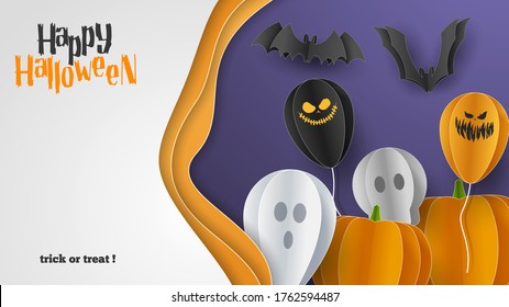 Happy Halloween banner greeting card background in paper cut style. Vector Illustration