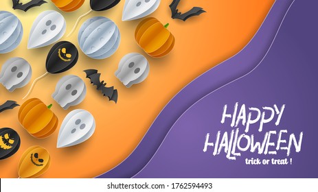 Happy Halloween banner greeting card background in paper cut style. Vector Illustration