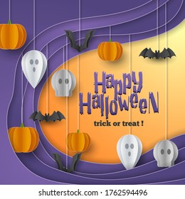 Happy Halloween banner greeting card background in paper cut style. Vector Illustration