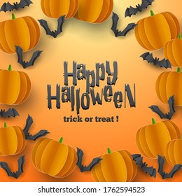 Happy Halloween banner greeting card background in paper cut style. Vector Illustration