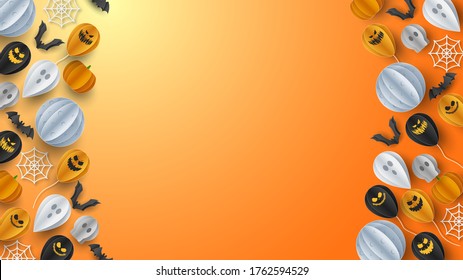 Happy Halloween banner greeting card background in paper cut style. Vector Illustration