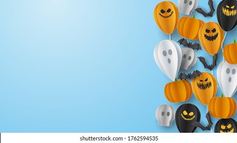 Happy Halloween banner greeting card background in paper cut style. Vector Illustration