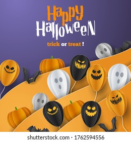 Happy Halloween banner greeting card background in paper cut style. Vector Illustration