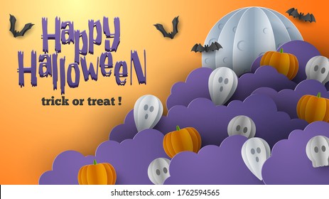 Happy Halloween banner greeting card background in paper cut style. Vector Illustration