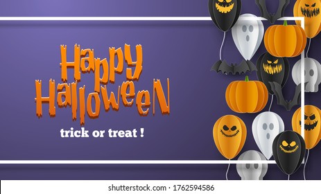 Happy Halloween banner greeting card background in paper cut style. Vector Illustration