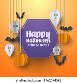 Happy Halloween banner greeting card background in paper cut style. Vector Illustration