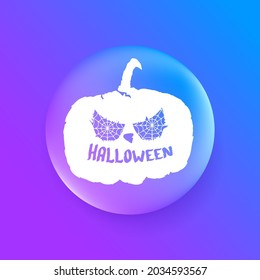 Happy Halloween Banner, greeting card or background with Vector white Halloween label with scary pumpkin isolated on purple abstract background.