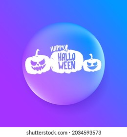 Happy Halloween Banner, greeting card or background with Vector white Halloween label with scary pumpkin isolated on purple abstract background.