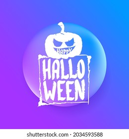 Happy Halloween Banner, greeting card or background with Vector white Halloween label with scary pumpkin isolated on purple abstract background.