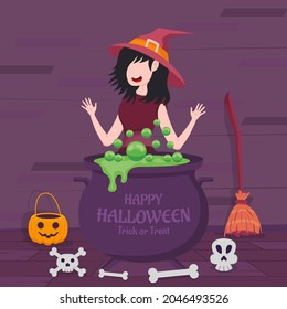 Happy Halloween banner or greeting card concept with witch woman making potion. vector illustration