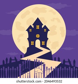 Happy Halloween banner or greeting card concept with witch's house in front of the moon. vector illustration