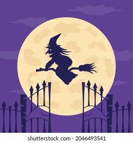 Happy Halloween banner or greeting card concept with witch flying over the moon. vector illustration
