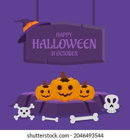 Happy Halloween banner or greeting card concept with three pumpkin. vector illustration