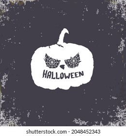 Happy Halloween Banner, greeting card or background with Vector white Halloween label with scary pumpkin isolated on grunge grey background.