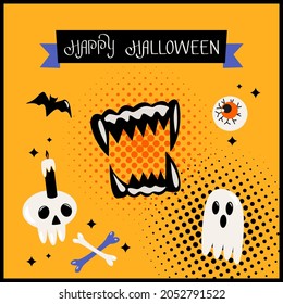 Happy Halloween banner or greeting card with hand lettering. Human skull, bite, Dracula's grin, eye, bat and ghost. vector illustration in comic style