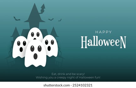 Happy Halloween Banner and Greeting Card. Modern Halloween Background with Cute Ghost Character, Trick or Treat Vector Illustration