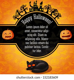 Happy halloween banner with greetings and sample text. Spooky trees with haunted castle on the top, black cat on the bottom. On the halloween background with pumpkins, witch, spider, bats. Vector.