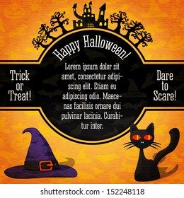 Happy halloween banner with greetings and sample text. Spooky trees with haunted castle on the top, black cat and witch hat on the bottom. Background with pumpkins, witch, spider, bats. Vector.