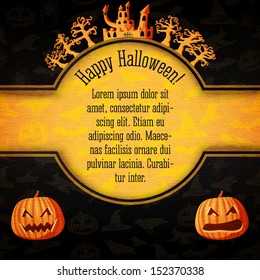 Happy halloween banner with greetings and sample text. Spooky trees with haunted castle on the top, carved pumpkins beneath. On the halloween background with pumpkins, witch, spider, bats. Vector. 