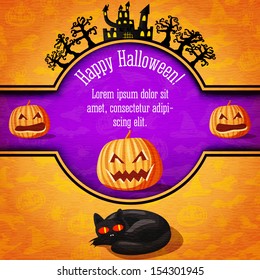 Happy halloween banner with greetings and sample text. Spooky trees with haunted castle on the top, black cat on the bottom. On the halloween background with pumpkins, witch, spider, bats. Vector.