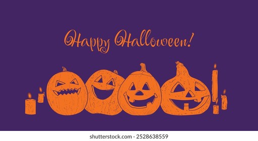 Banner feliz de Halloween com abóboras de vetor desenhadas à mão e velas em contorno e preencher em um fundo roxo. Texto engraçado para projetos Feliz Halloween com Jack-o-Lanterns e velas.