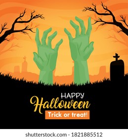happy halloween banner with hands of zombie in cemetery vector illustration design