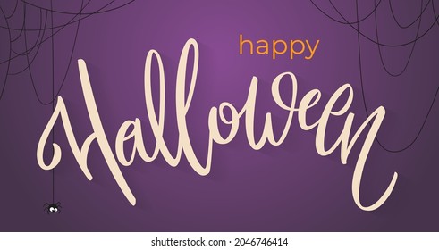 Happy Halloween Banner with hand-written lettering. Website spooky or banner template with cobwebs and cute spider. Calligraphy of "halloween". Template for sale banner, invitation.