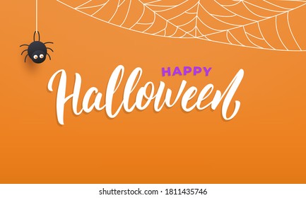 Happy Halloween banner. Holiday Halloween background with lettering spider web