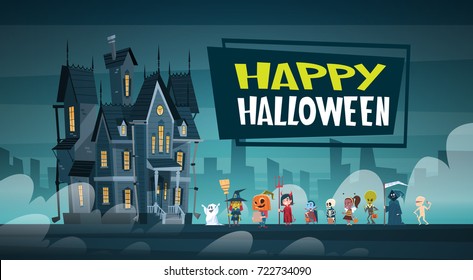 Happy Halloween Banner Holiday Decoration Horror Party Greeting Card Cute Cartoon Monsters Walking To Dark Castle With Ghosts Flat Vector Illustration