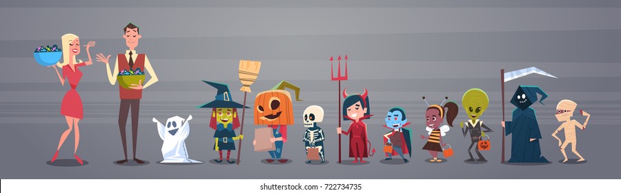 Happy Halloween Banner Holiday Decoration Horror Party Greeting Card Man And Woman Giving Candy To Cute Cartoon Monsters Flat Vector Illustration