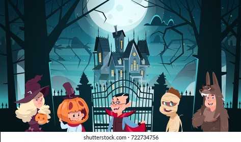 Happy Halloween Banner Holiday Decoration Horror Party Greeting Card Cute Cartoon Monsters Walking To Dark Castle With Ghosts Flat Vector Illustration