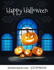 Happy Halloween banner illustration. Castle interior full moon outside a spooky window, pumpkins on the podium it's perfect for banners, posters, and promotions. Not AI generated