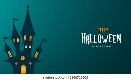 Happy halloween banner illustration with halloween haunted house and halloween text