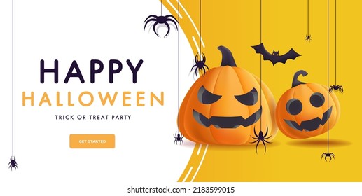 Happy halloween banner with illustration of realistic pumpkins with faces. Modern design