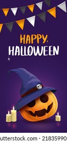Happy halloween banner with illustration of realistic pumpkins with faces and witch hat. Modern design