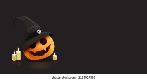 Happy halloween banner with illustration of realistic pumpkins with faces and witch hat. Modern design