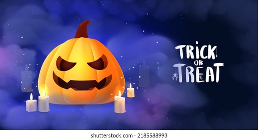 Happy halloween banner with illustration of realistic pumpkins with faces in a cloud of smoke . Modern design