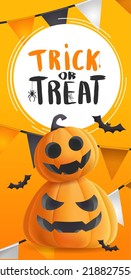 Happy halloween banner with illustration of realistic pumpkins with faces. Modern design