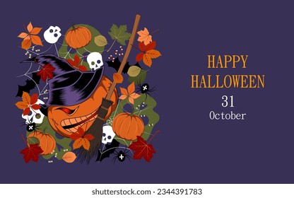 Happy Halloween. Banner with the image of an evil pumpkin, skulls, leaves, cobwebs.
