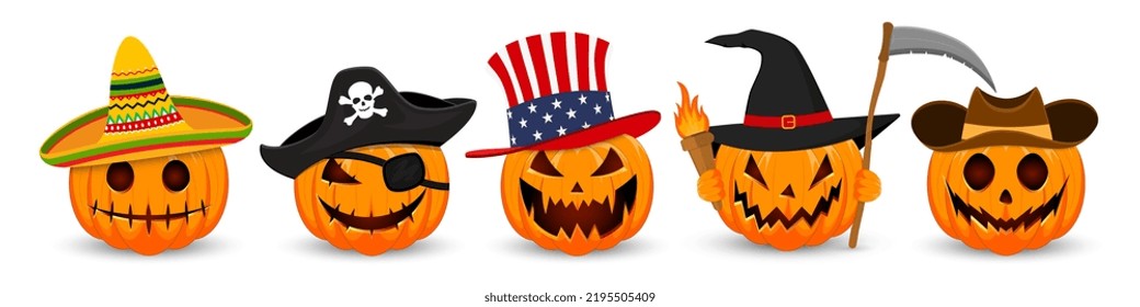 Cartel de Feliz Halloween. Calabazas internacionales aisladas. Mexicanos, piratas, norteamericanos, brujas y vaqueros Feliz fiesta de Halloween. Calabazas naranjas con una sonrisa aterradora Halloween. Ilustración vectorial.