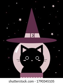 Happy Halloween banner or invitation card with cute black cat inside a magical ball. Baby collection. Funny cartoon character