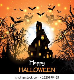 Happy Halloween banner or invitation card background with hounted house and pumpkins in and bats. Vector illustration. Full moon in the sky, spiders on background.