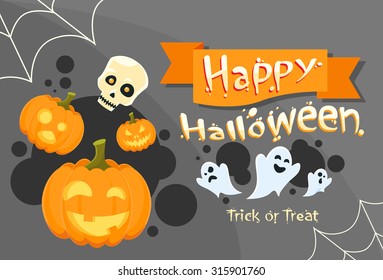 Happy Halloween Banner Invitation Card Ghost Pumpkin Face Web Flat Vector Illustration