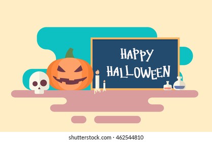 Happy Halloween Banner Invitation Card Skull Pumpkin Face Flat Vector Illustration