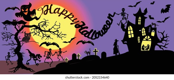 Happy Halloween banner - invitation to a party background with a night sky with a gothic castle with witches, ghosts, skeletons of the dead,, Vector illustration. Full moon, bats. Place for text