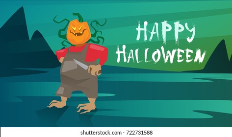 Happy Halloween Banner Jack Lantern Trick Or Treat Concept Holiday Greeting Card Flat Vector Illustration