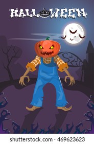 Happy Halloween Banner Jack With Pumpkin Scary Face Flat Vector Illustration
