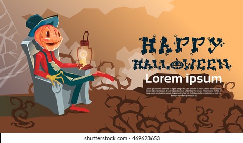 Happy Halloween Banner Jack With Pumpkin Scary Face Sit In Chair Flat Vector Illustration