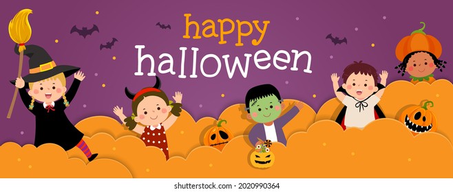 Happy Halloween banner with happy kids in Halloween costumes in paper cut style.